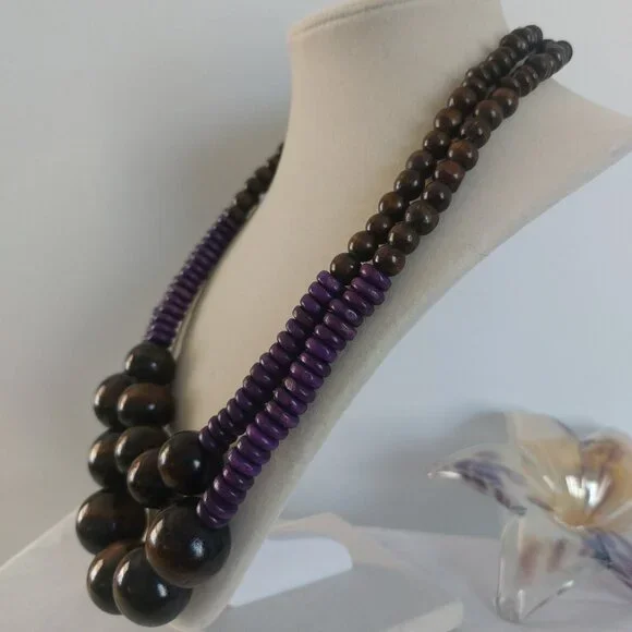 Brown Purple Wooden Beads Necklace 2 Layers Boho Earth Tone Statement Like New - Picture 5 of 9